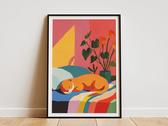 Matisse Inspired Otter Sleeping Wall Art Print Peaceful Gouache Animal Painting For Bedroom Decor Vibrant Abstract Cute