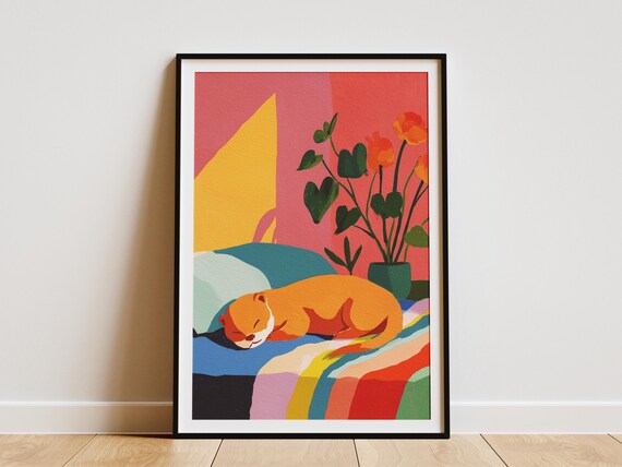 Sleeping Otter on Colorful Bed Pink Flowers Matisse Art Poster
