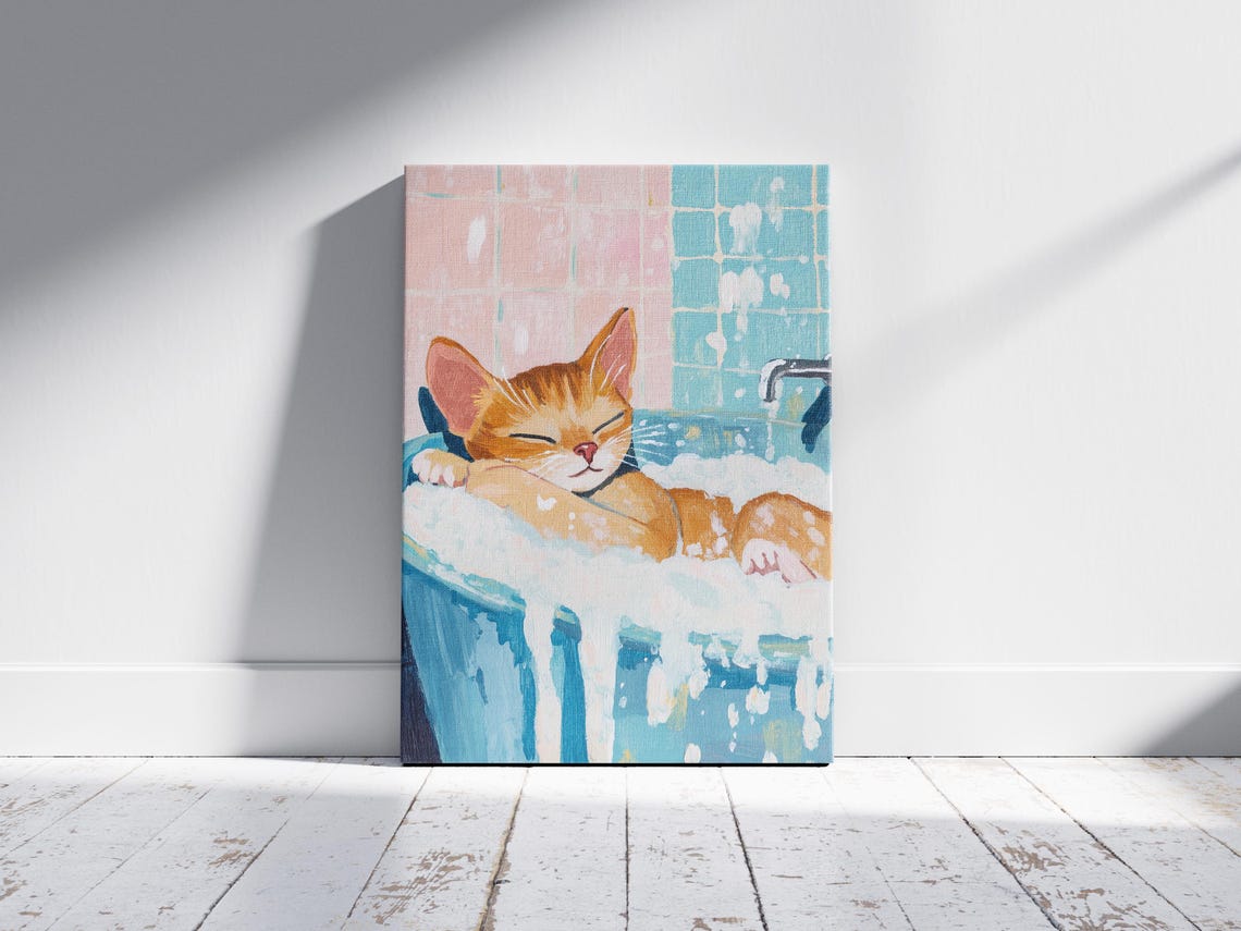 Cozy Cute Sleepy Orange Cat Bubble Bath Blue Tub Pastel Poster - Image 2