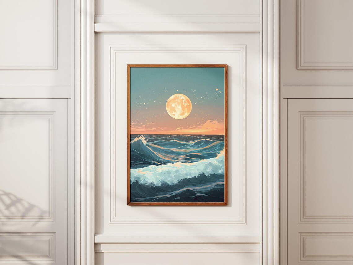 Full Moon Over Ocean Waves Poster Night Coastal Art For Home Decor - Image 2