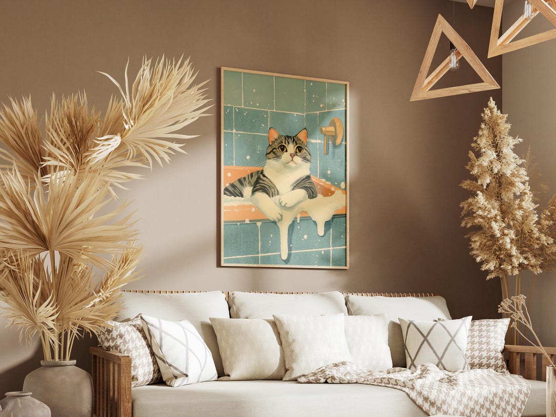 Tabby Cat in Bubble Bath Golden Faucet Teal Tile Cat Wall Poster - Image 3