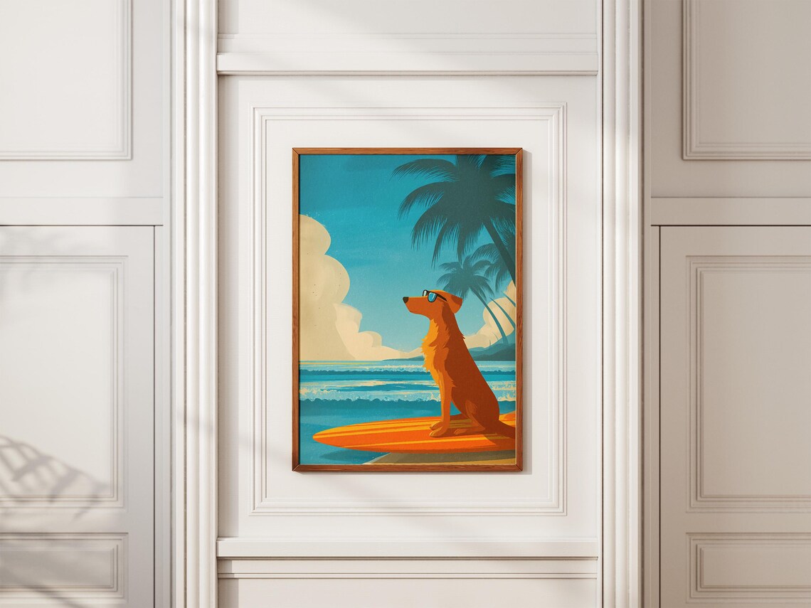 Surfer Dog Sunglasses Orange Surfboard Beach Tropical Art Poster - Image 2