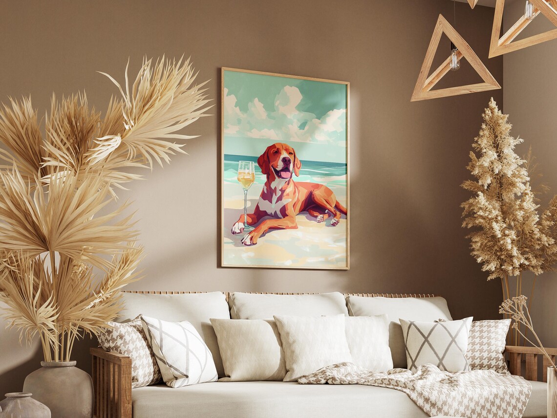 Sleek Golden Red Dog Smiling With Wine Glass On The Beach Poster - Image 3