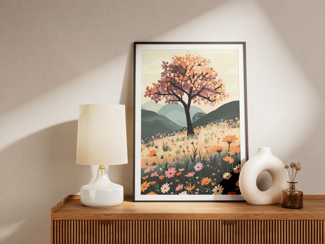 Lone Autumn Tree in an Orange Wildflower Meadow Hills Art Poster - Image 5