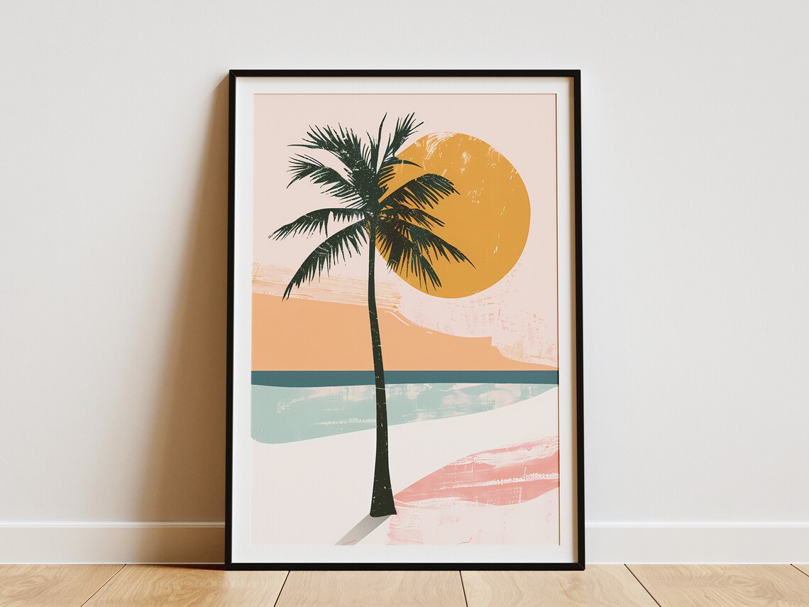 Palm Tree Sunset Minimalist Beach Wall Art Tropical Poster Print Modern Boho Home Decor