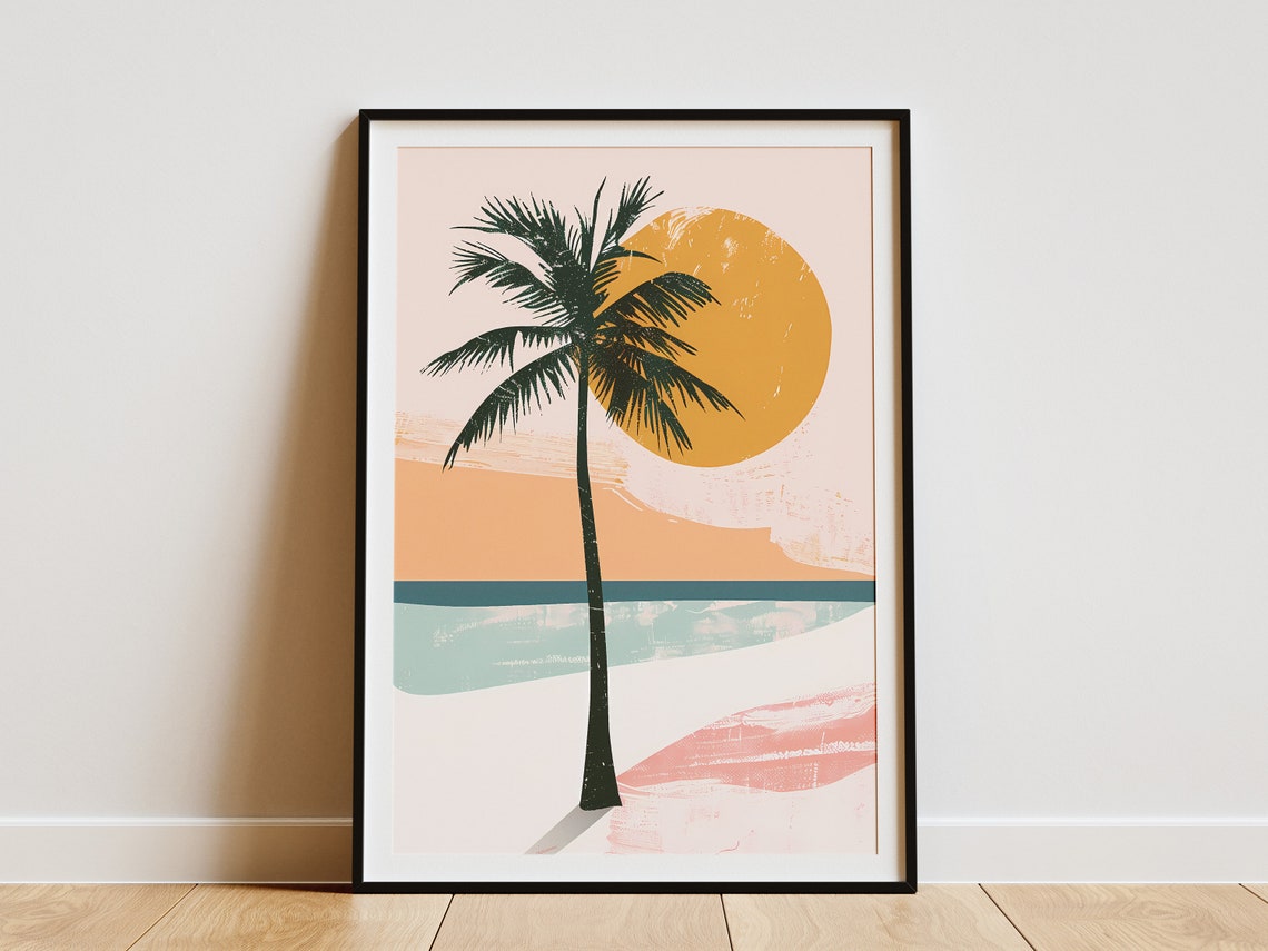 Serene Palm Tree Sunset Golden Sun Pastel Beach Wall Decor Poster