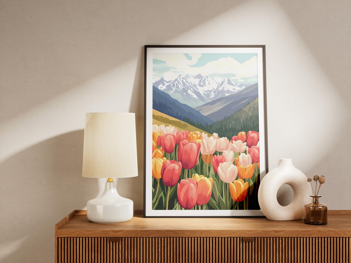 Colorful Tulip Field Snowy Mountains Spring Landscape Art Poster - Image 4