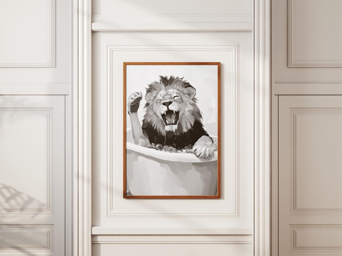 Lion In Bathtub Poster Funny Yawning Lion Bathroom Wall Decor - Image 2