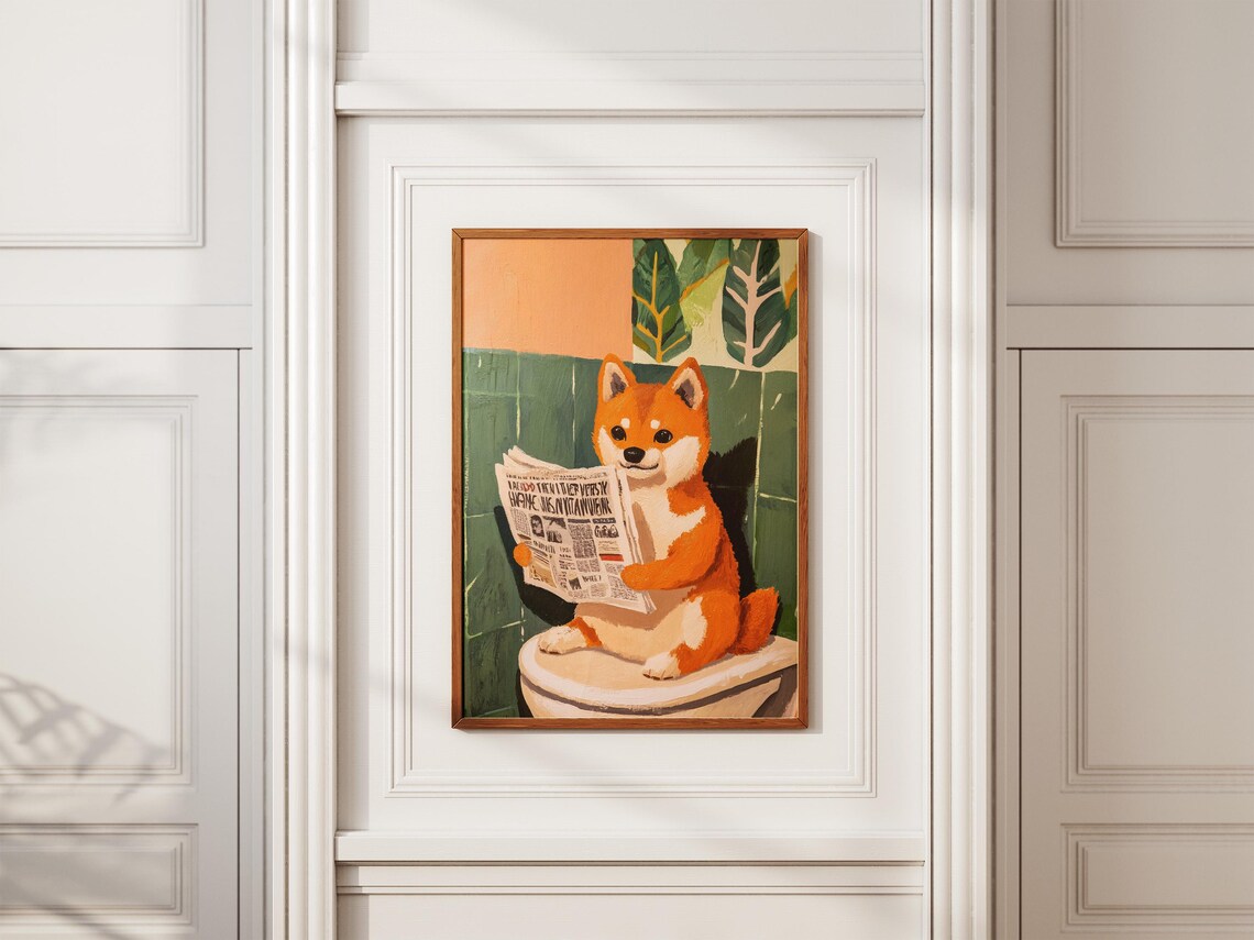 Shiba Inu Reading Newspaper On Toilet Poster Funny Dog Bathroom Art - Image 2