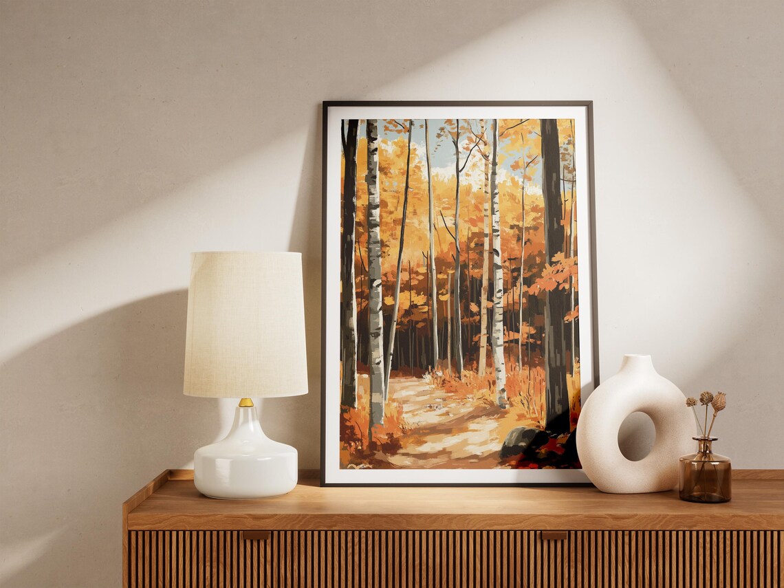 White Birch Trees In Golden Autumn Woods Sunlit Trail Poster - Image 4