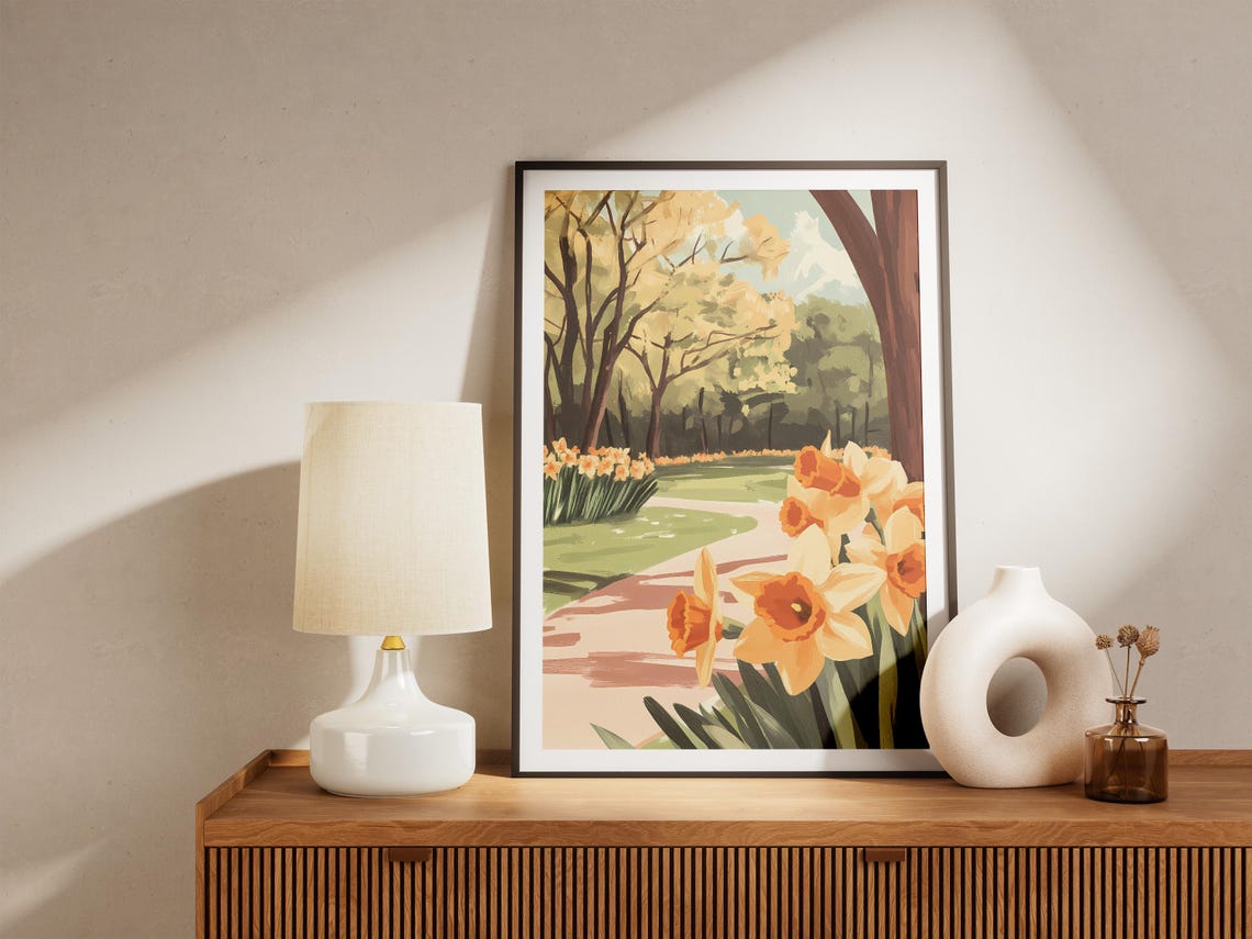 Daffodil Lined Park Path With Yellow Spring Trees Art Poster - Image 5