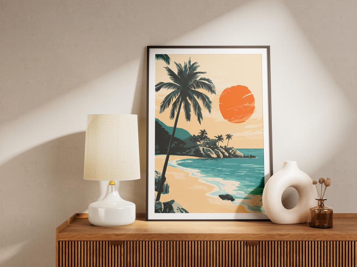 Tropical Beach Sunset With Leaning Palm Tree Retro Travel Poster - Image 5
