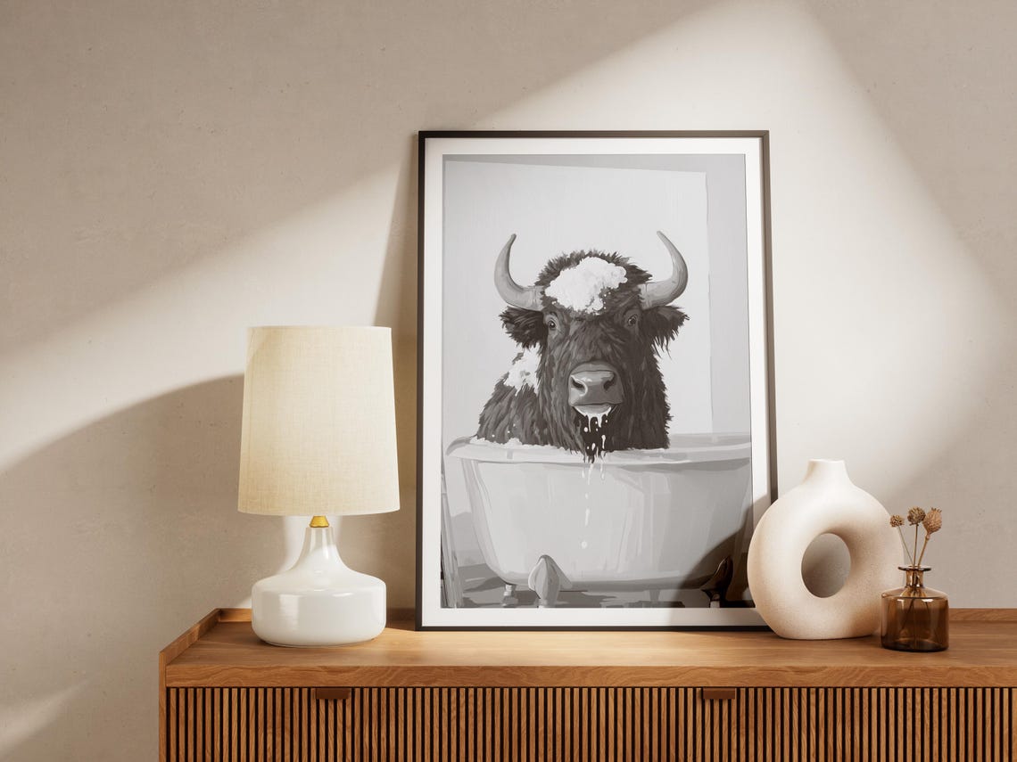 Bison In Bathtub Poster Bathroom Art Print Animal Wall Decor Funny Black And White Minimalist Bubble Bath - Image 4
