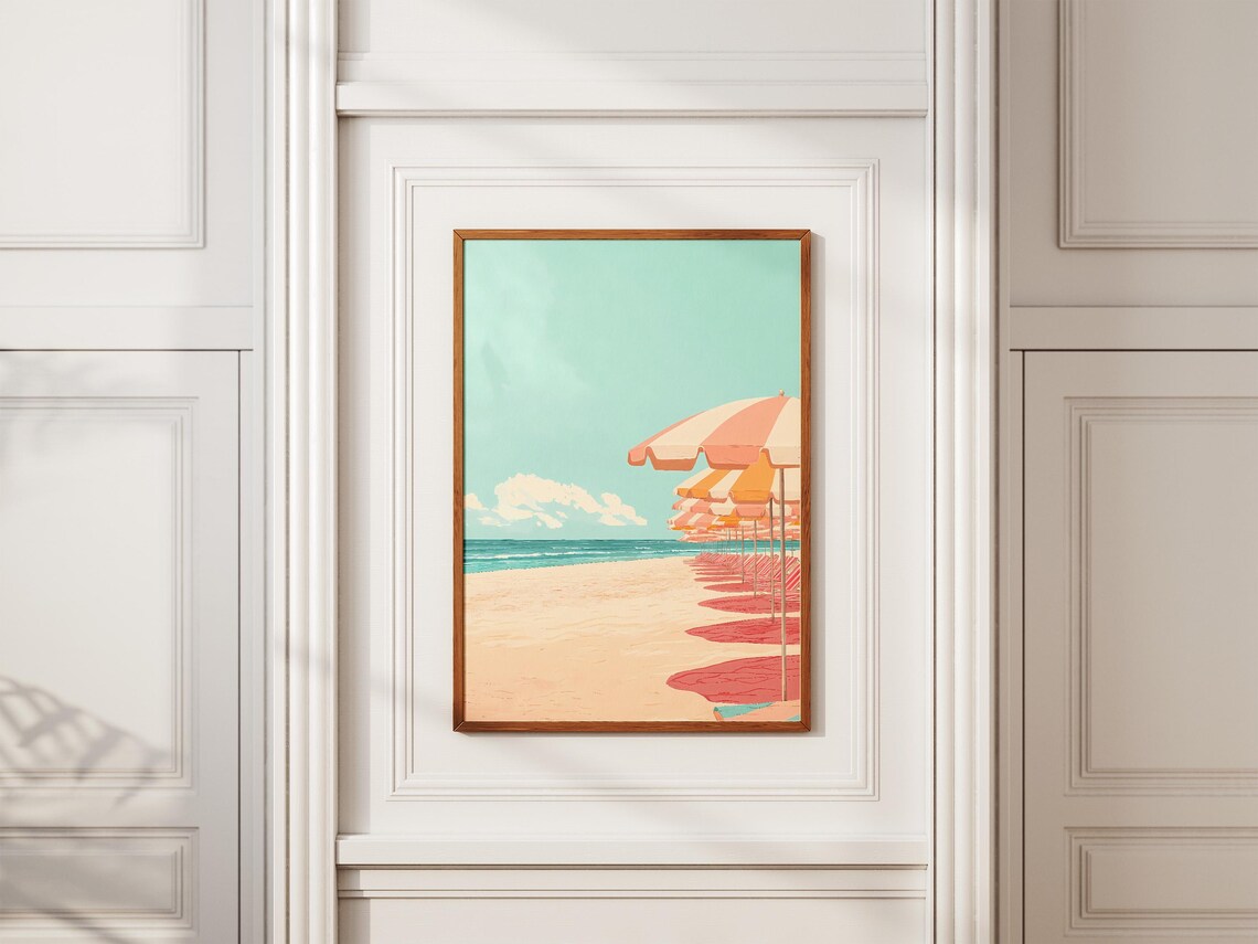 Pink Beach Umbrellas Poster Summer Coastal Art For Beach House Decor - Image 2