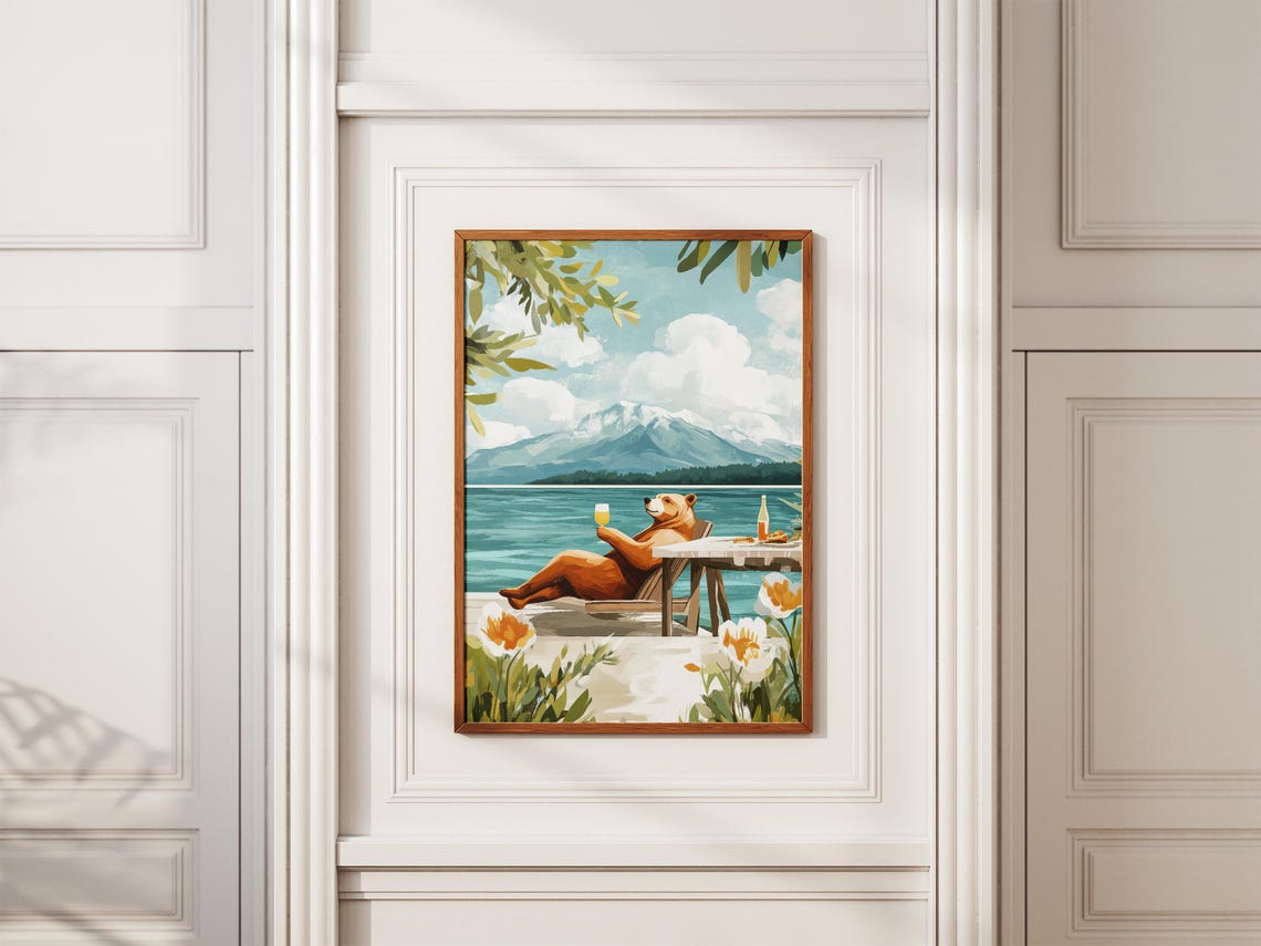 Brown Bear Sipping Wine On A Lake Terrace With Mountain View Poster - Image 2
