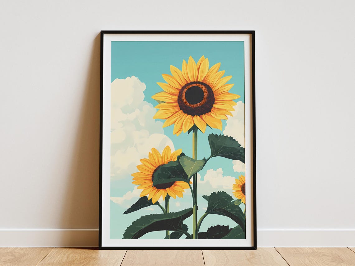 Single Tall Sunflower Under Turquoise Sky Poster Cloud Bloom