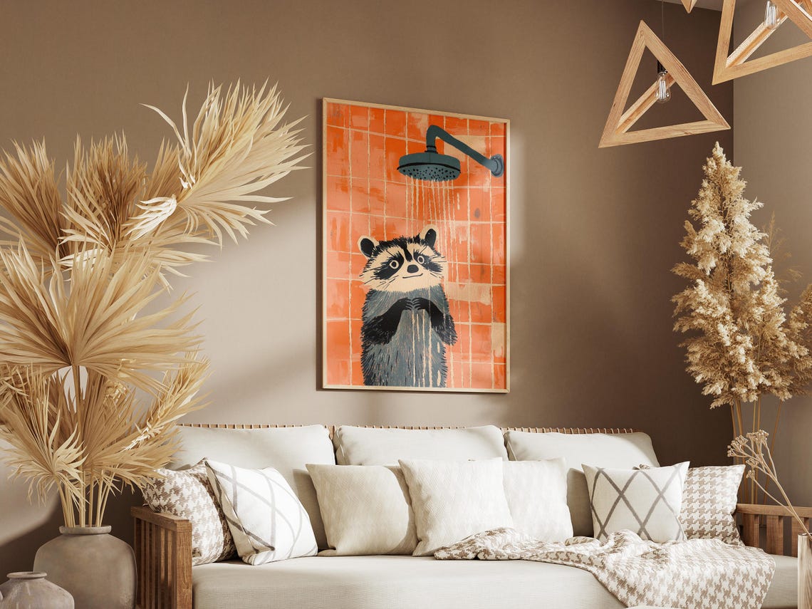 Funny Raccoon Taking a Shower Retro Orange Tile Bathroom Poster - Image 3