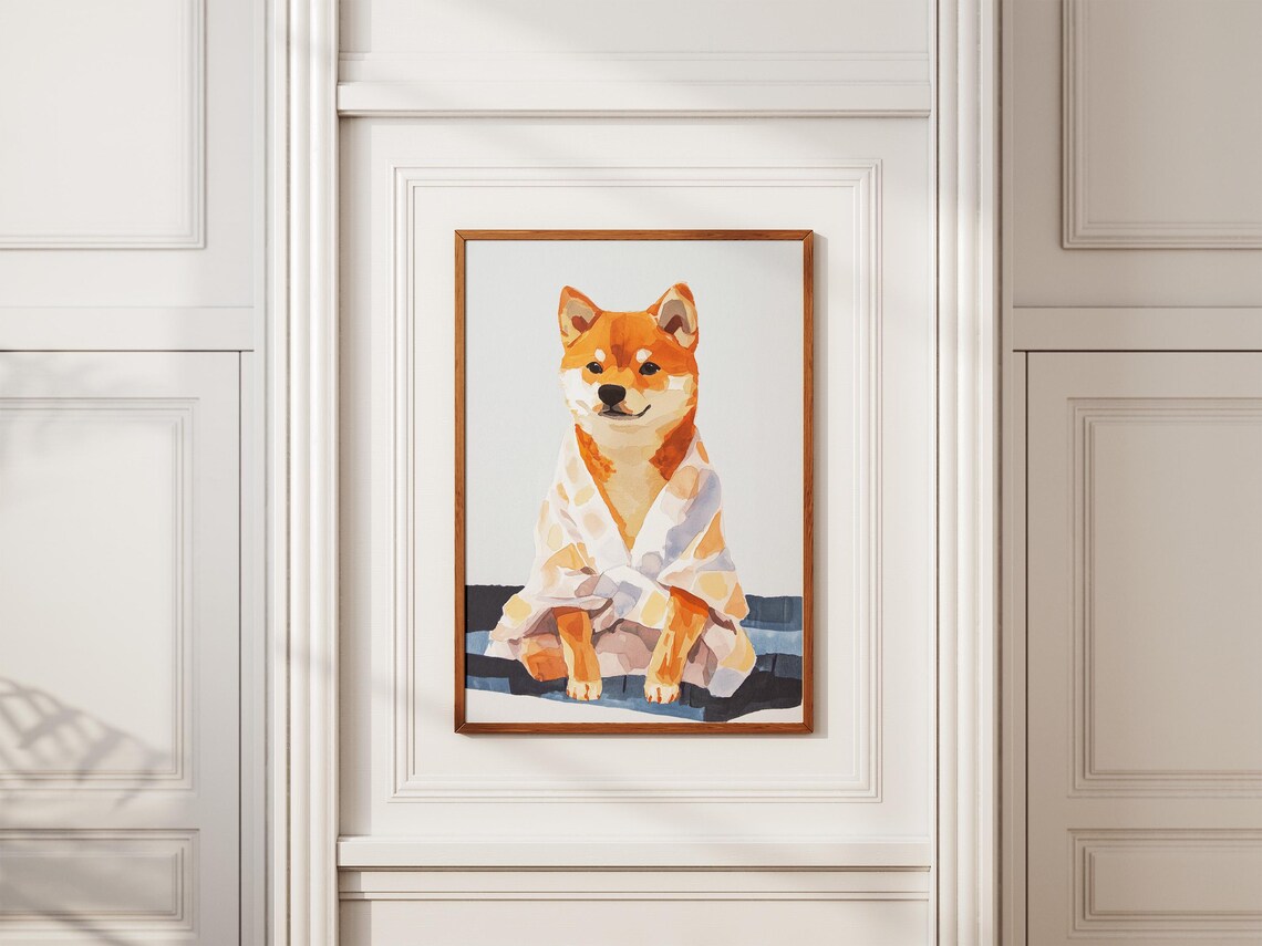 Smiling Shiba Inu Puppy in Soft Watercolor Bathrobe Dog Art Poster - Image 2