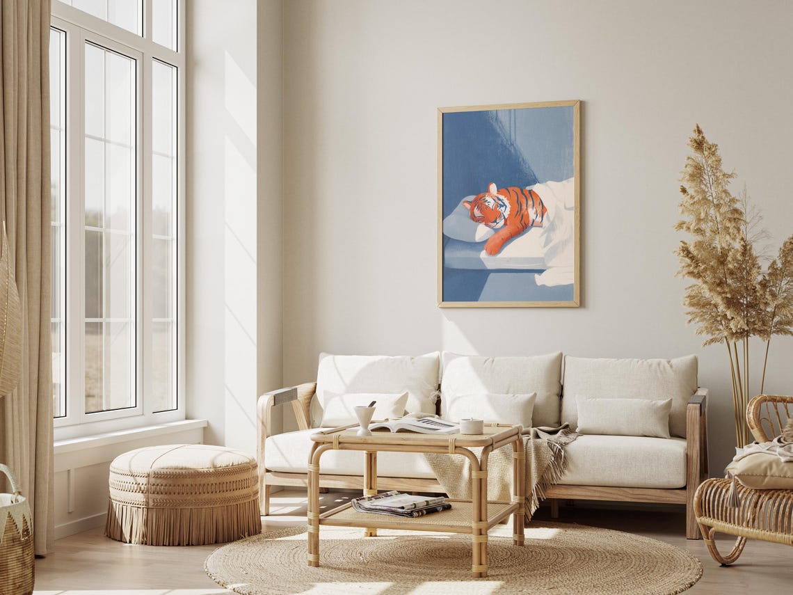 Sleeping Tiger Cub on White Bed Blue Duvet Matisse Style Poster - Image 3