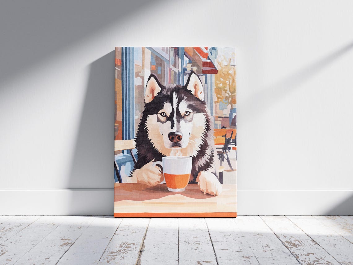 Siberian Husky with a Warm Mug at a Cozy Cafe Terrace Dog Poster - Image 2
