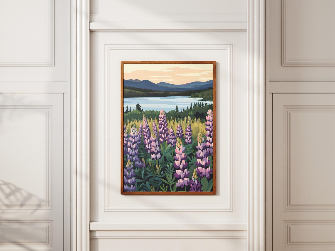 Purple Lupine Flower Field Lake Mountain Sunset Landscape Poster - Image 2