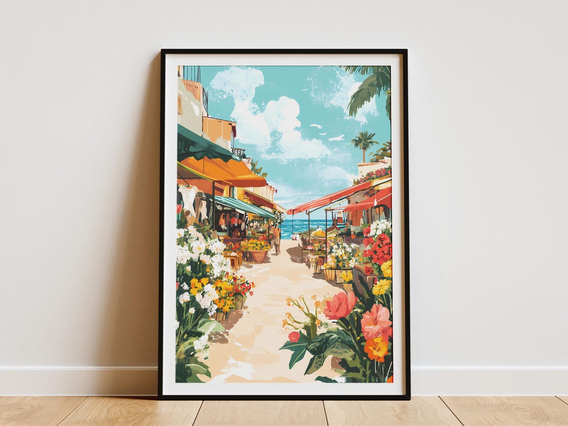 Coastal Market Flower Print Summer Beach Market Poster Vibrant Floral Art Flowers Market Illustration Beach Flowers Print Summer Vacation