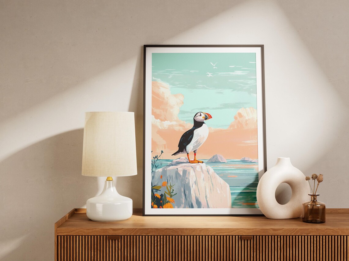 Puffin on a White Cliff with Orange Flowers Coastal Art Poster - Image 5
