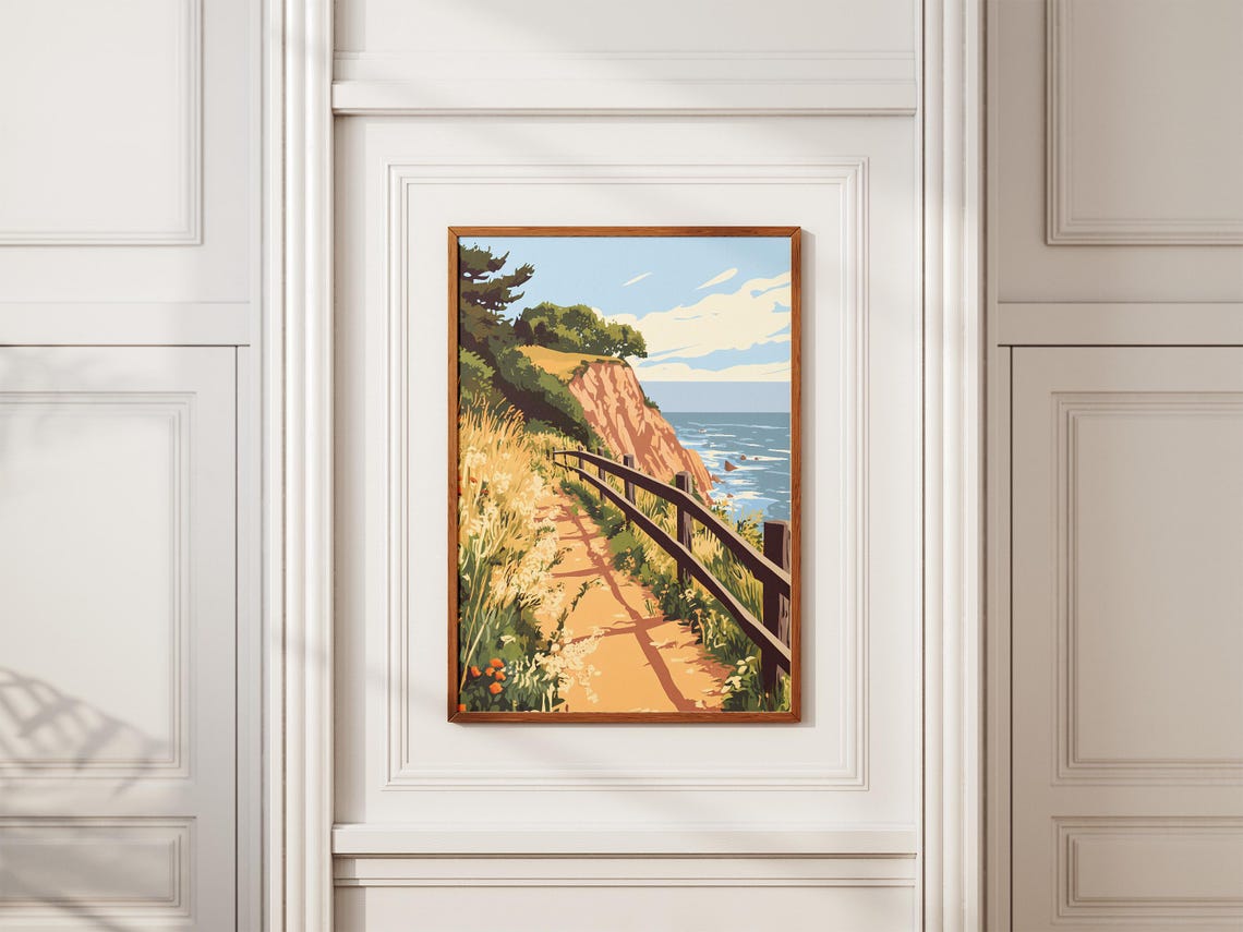 Cliffside Path Along Ocean Overlook Coastal Trail Illustration Poster - Image 2