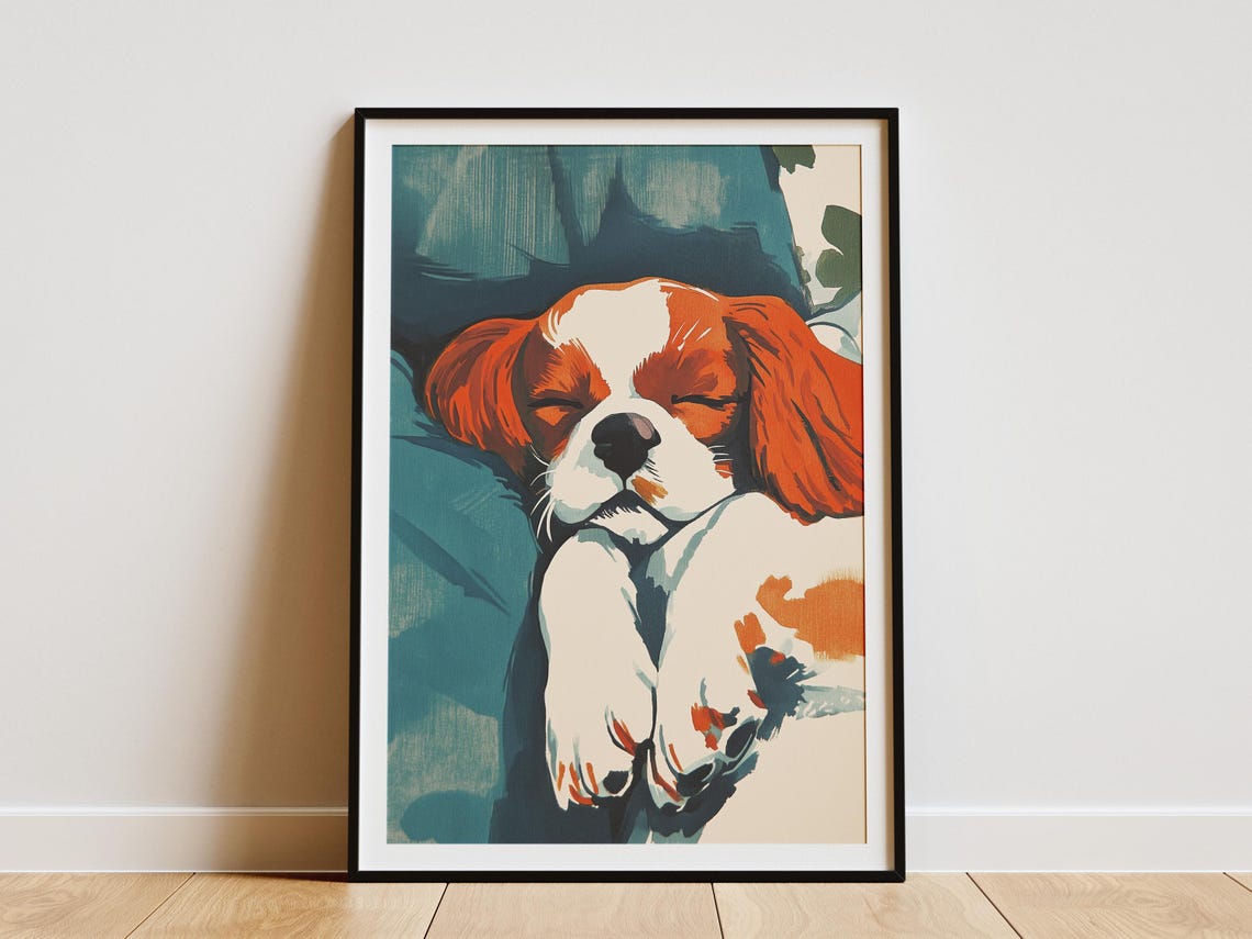 Sleeping Cavalier King Charles Spaniel Puppy Colorful Art Poster