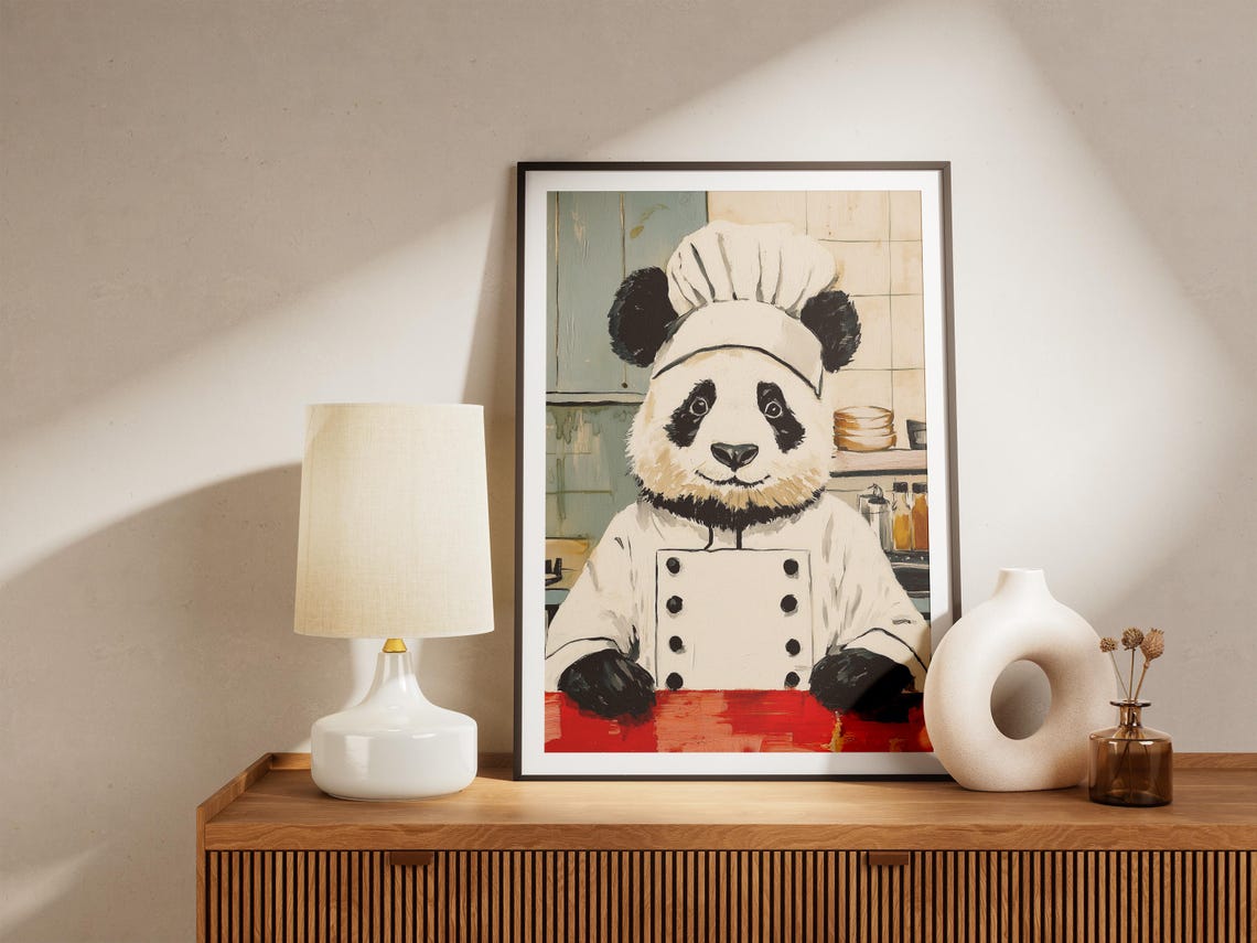 Giant Panda Chef Behind Red Counter In Cozy Kitchen Scene Poster - Image 4