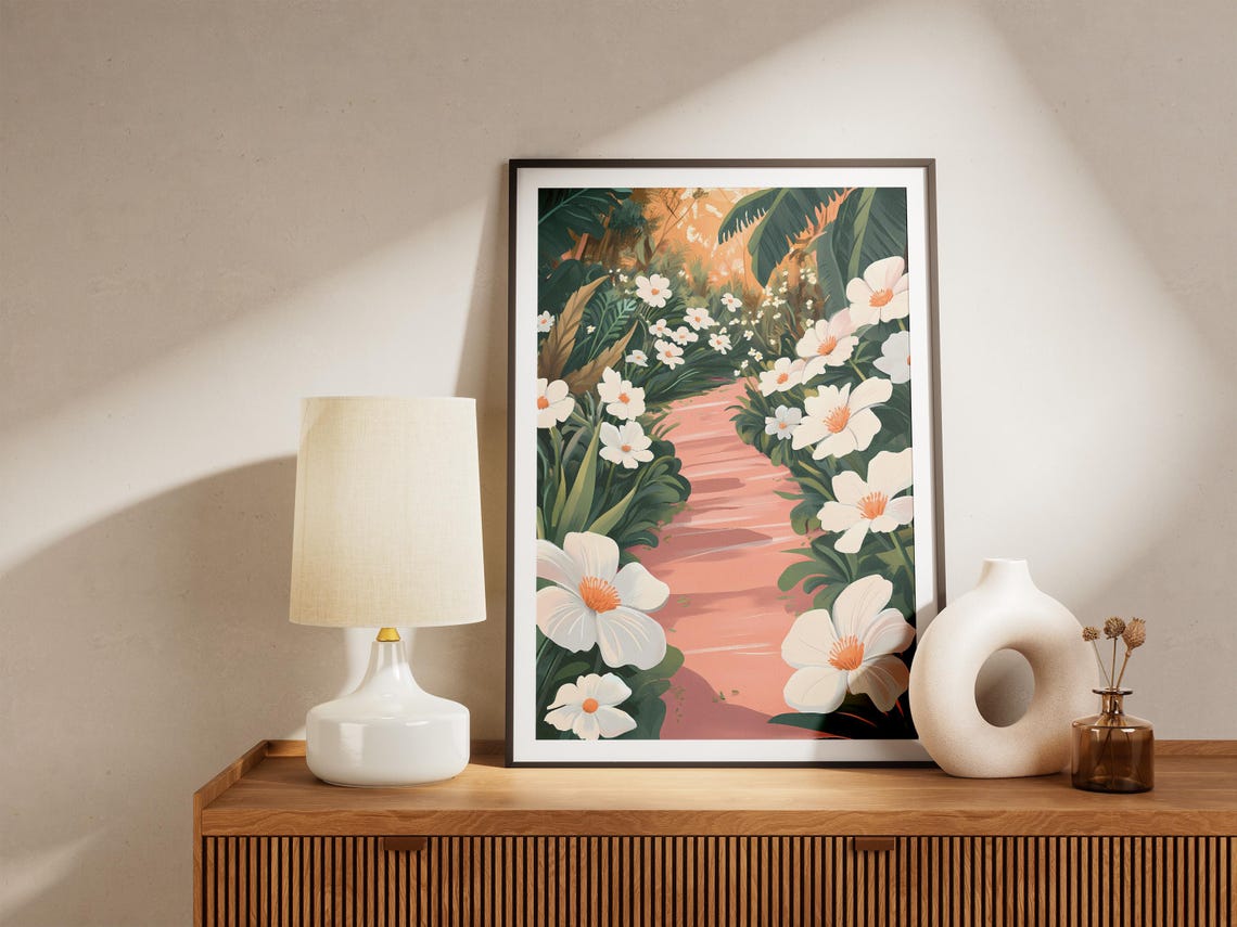 White Anemone Flowers Along a Pink Garden Pathway Art Poster - Image 5