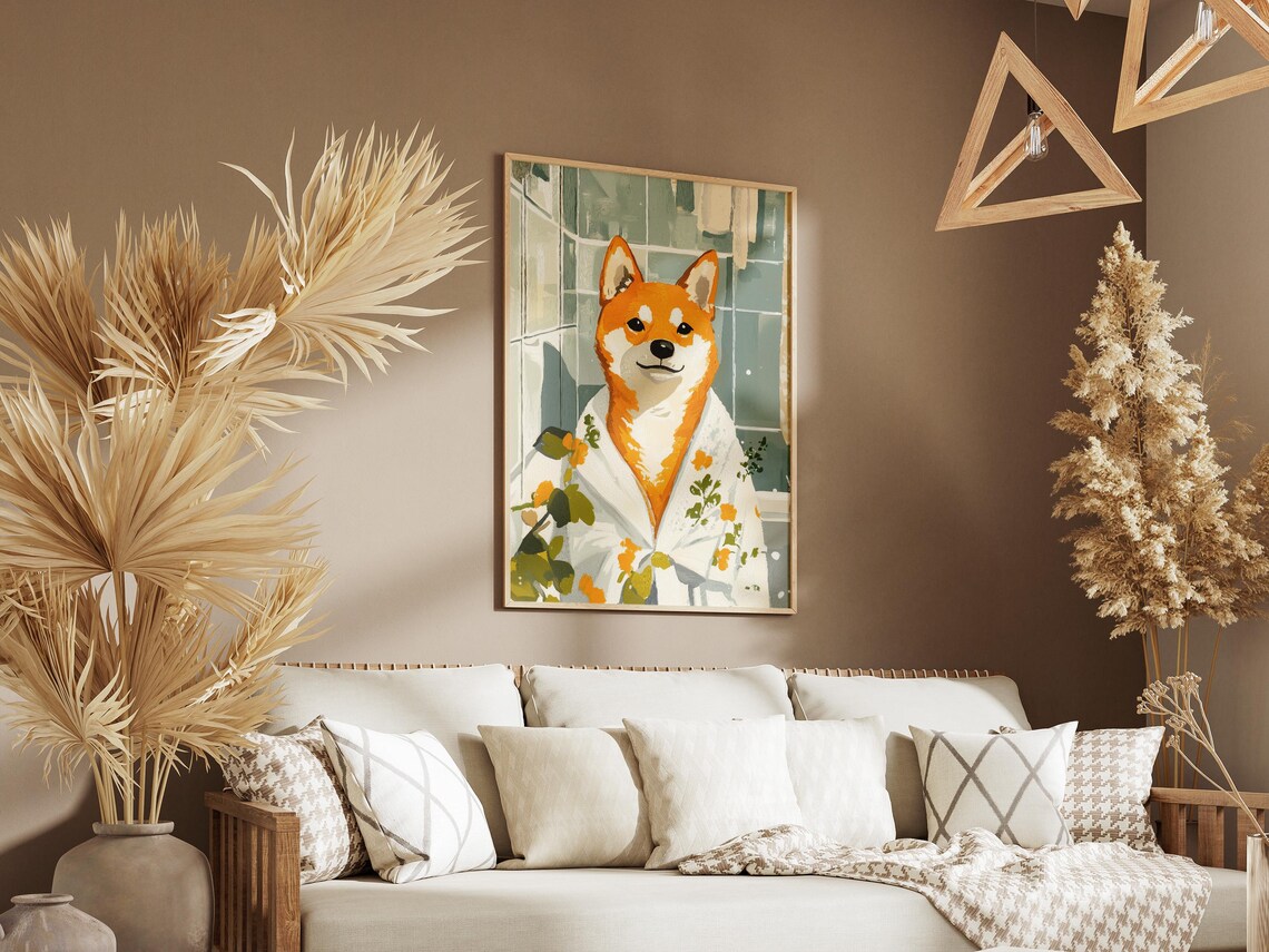 Smiling Shiba Inu Floral Bathrobe Spa Day Dog Artwork Poster - Image 3