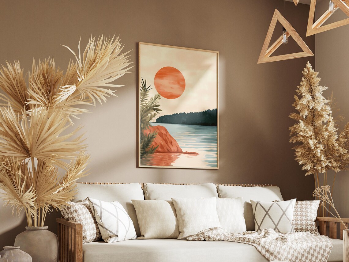 Orange Sun Over Calm Lake Palm Branch Red Rock Minimalist Poster - Image 3
