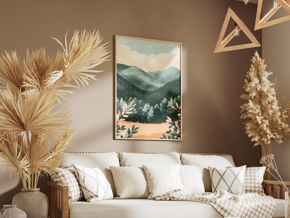 Misty Pine Forest Mountains Rising Above a Golden Meadow Poster - Image 3