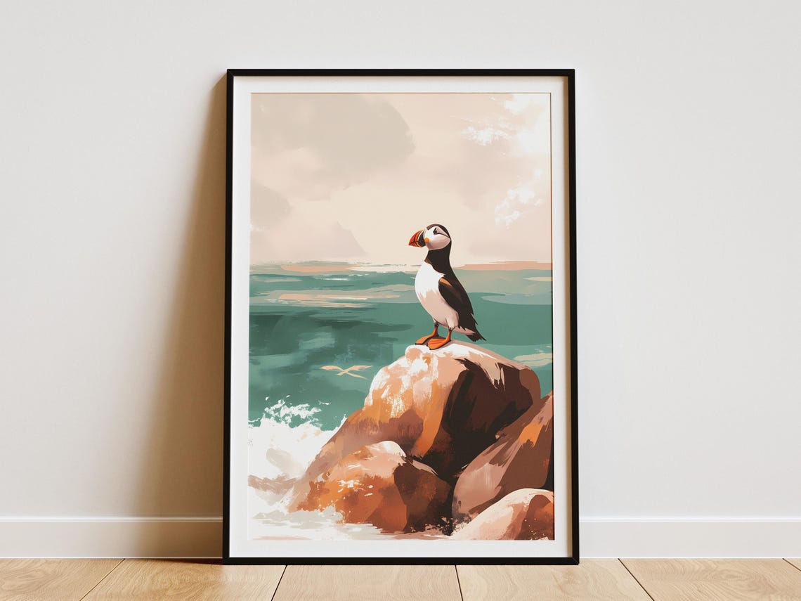 Puffin on Coastal Rocks with Crashing Waves Seabird Art Poster