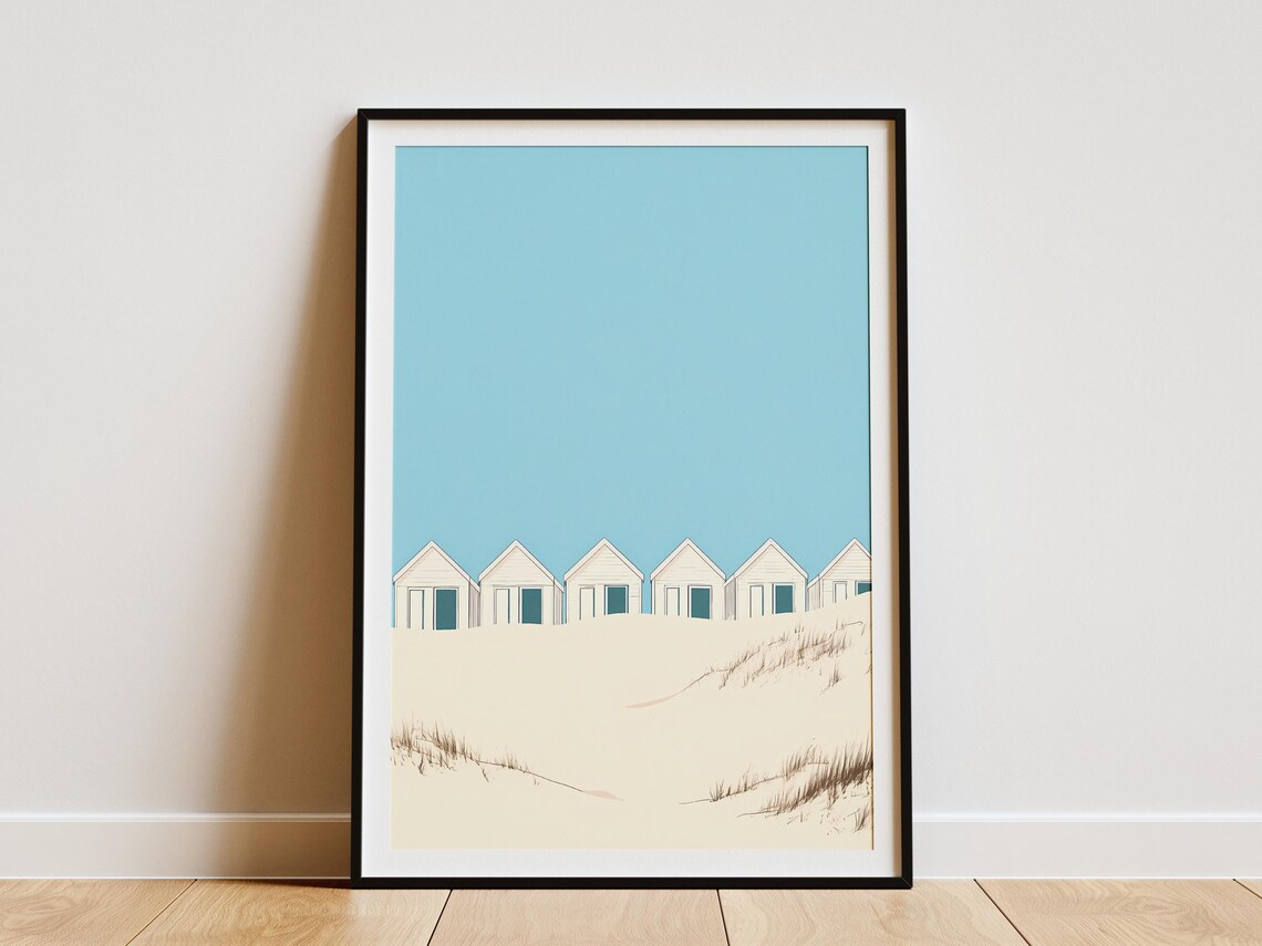 Beach Cabins Row Minimalist Coastal Cottage Dunes Art Poster