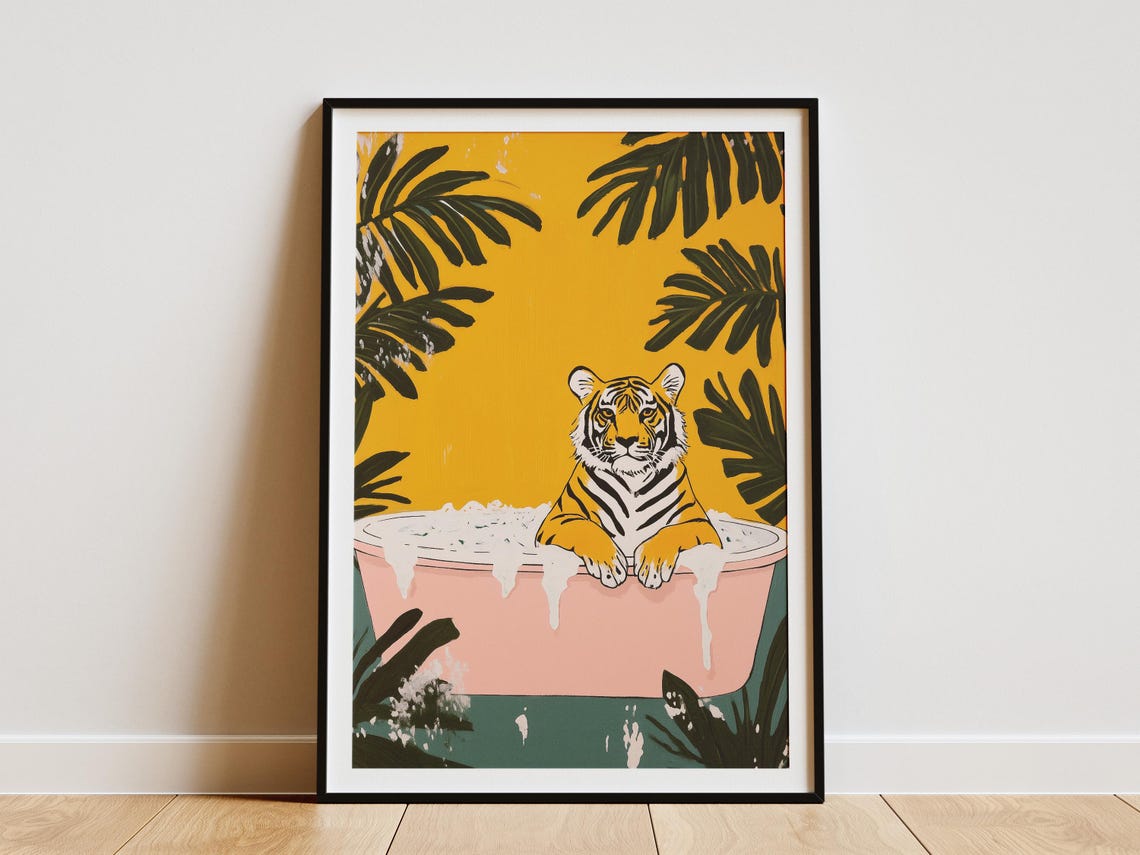 Tiger Bubble Bath Pink Tub Mustard Monstera Leaf Wall Poster
