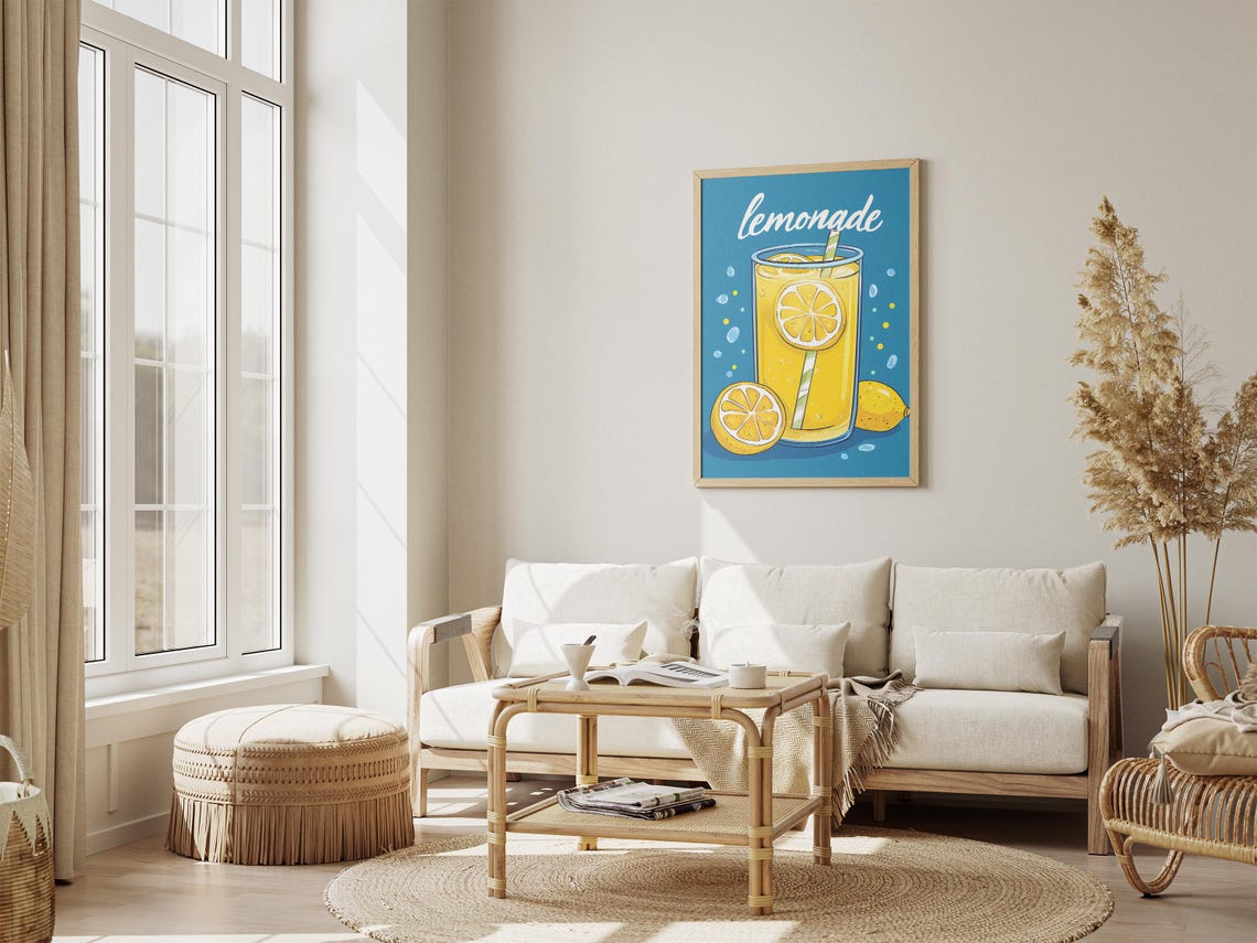 Retro Lemonade Glass with Script Lettering on Blue Kitchen Poster - Image 4