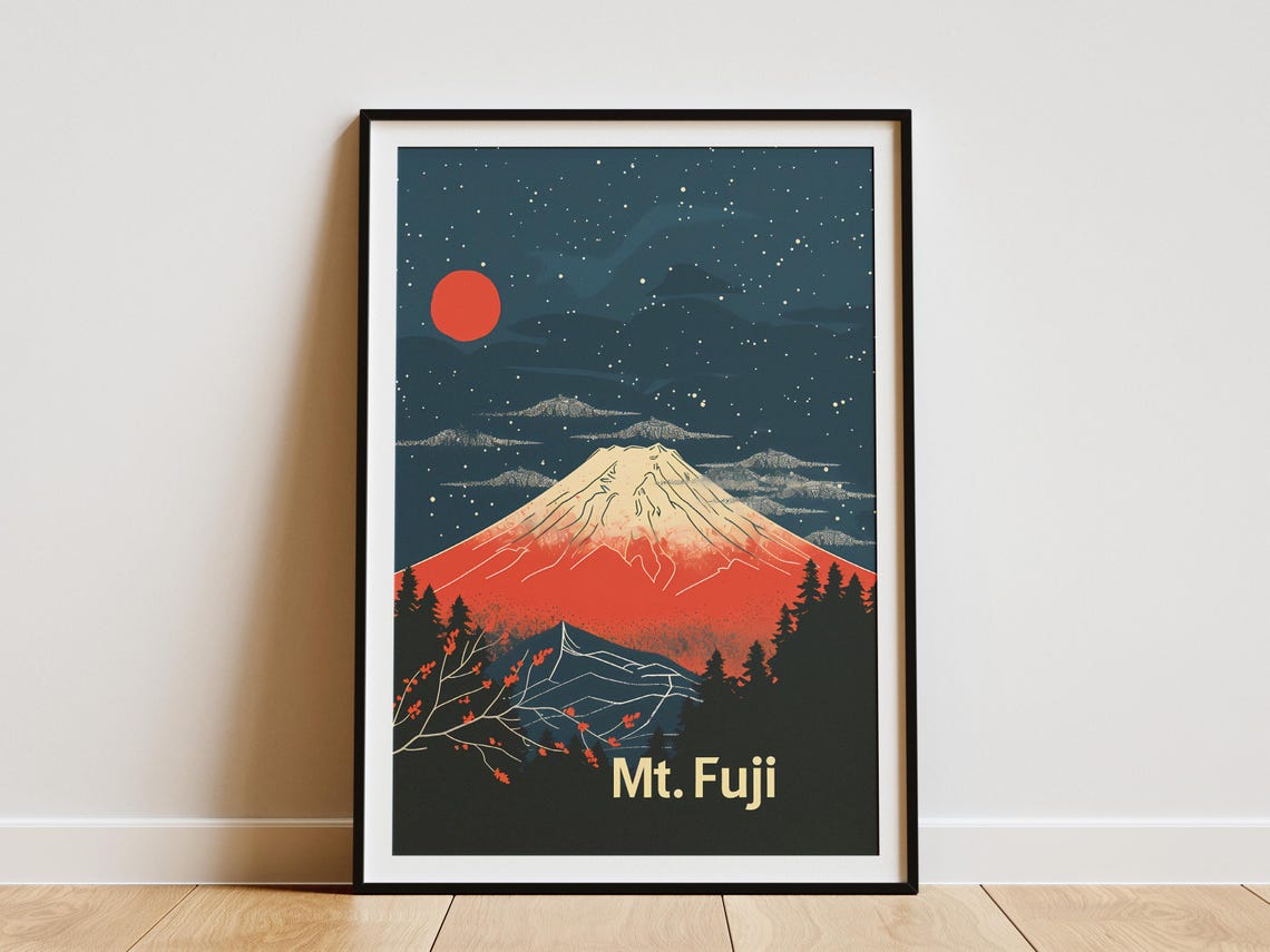 Mt Fuji Night Starry Sky Red Sun Minimalist Japan Travel Poster
