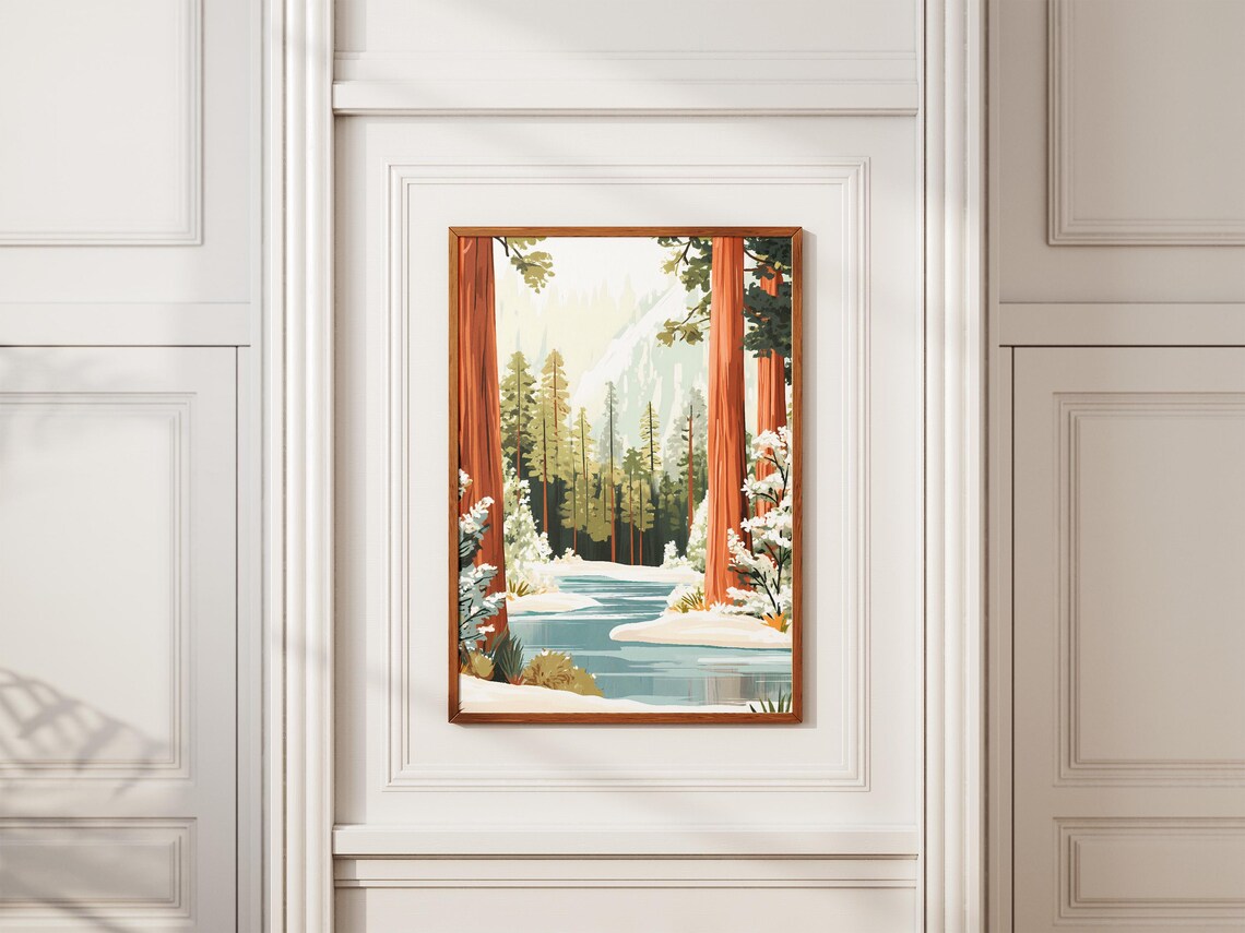 Snow Covered Winter Forest With Redwood Trees River Scene Poster - Image 2
