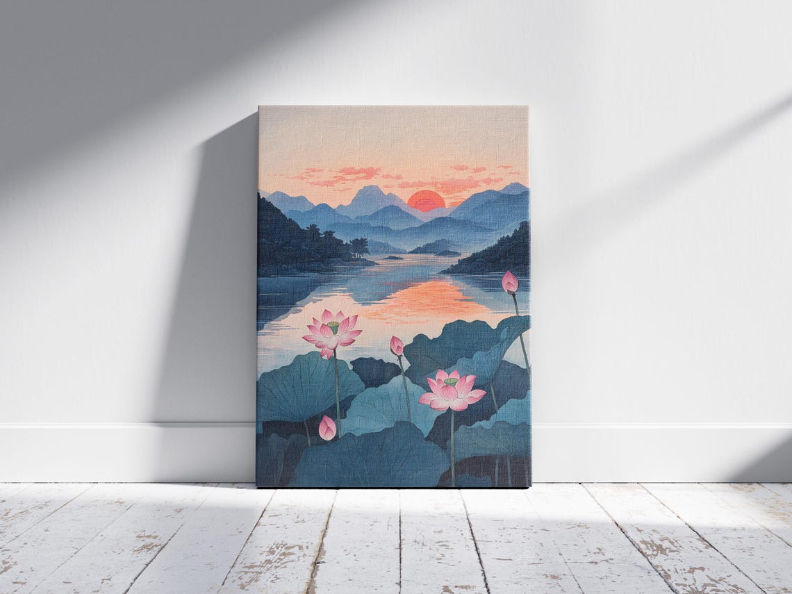 Serene Sunset Lotus Pond Over Japanese Mountains Landscape Poster - Image 2