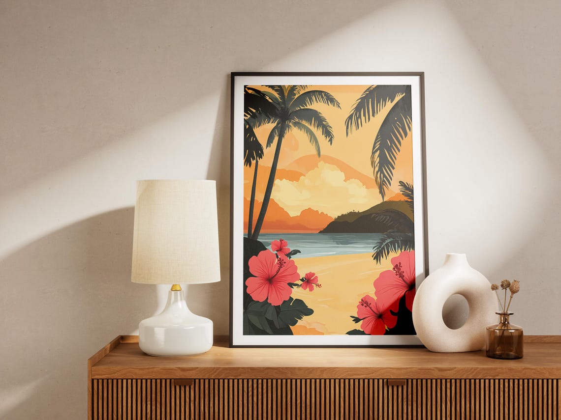 Tropical Beach Sunset Palms Hibiscus Flowers Vacation Art Poster - Image 4