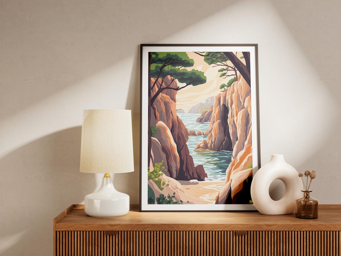 Narrow Sea Cove Between Rock Cliffs Pine Trees Illustration Poster - Image 5
