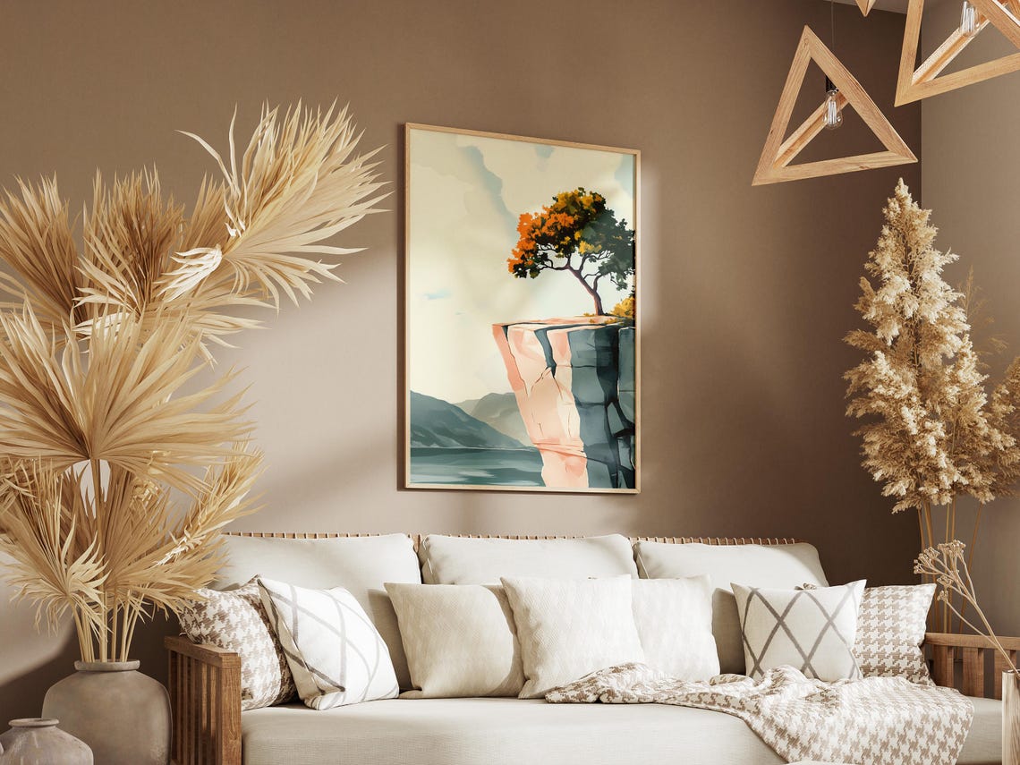 Lone Tree On Rocky Cliff Edge Above Mountain Lake Illustration Poster - Image 3