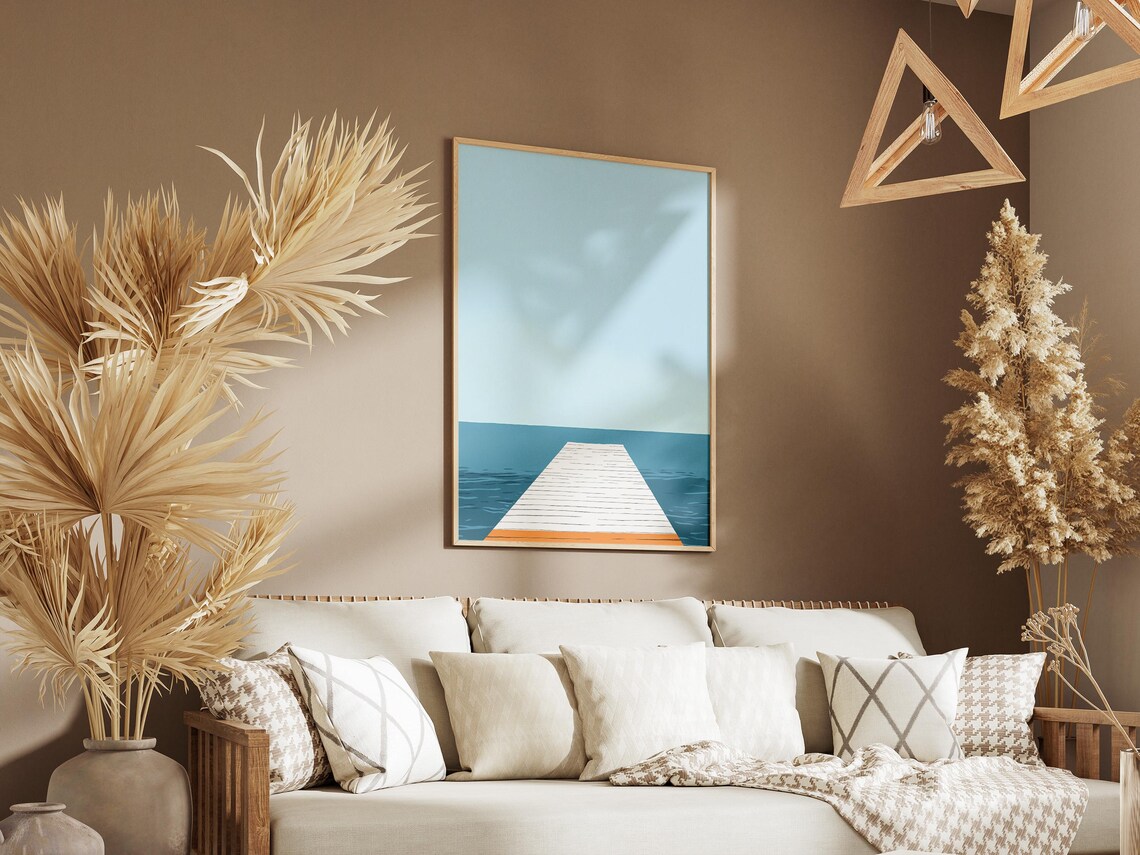 Minimalist Ocean Pier White Wooden Dock Calm Blue Sea Art Wall Poster - Image 3
