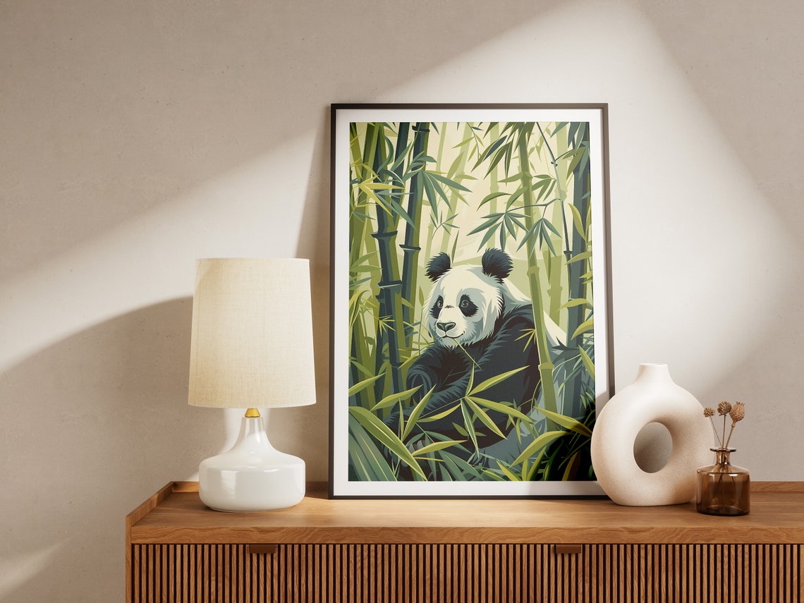 Panda In Bamboo Forest Poster Minimalist Wall Art Nature Print Black And White Animal Art Panda Illustration Home Decor - Image 2