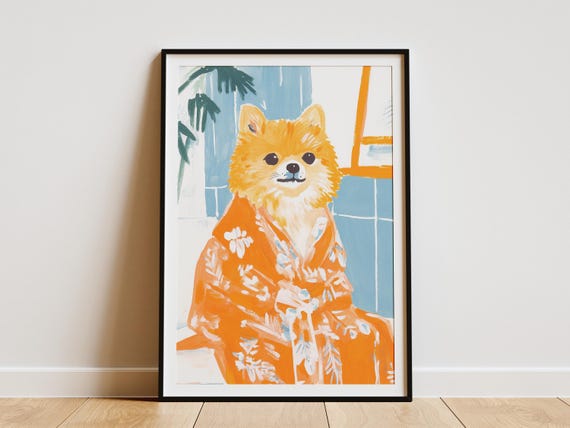 Pomeranian Dog Art Print Bathroom Wall Decor Pet Portrait Animal Illustration Orange Robe Poster Lover Gift Funny Modern