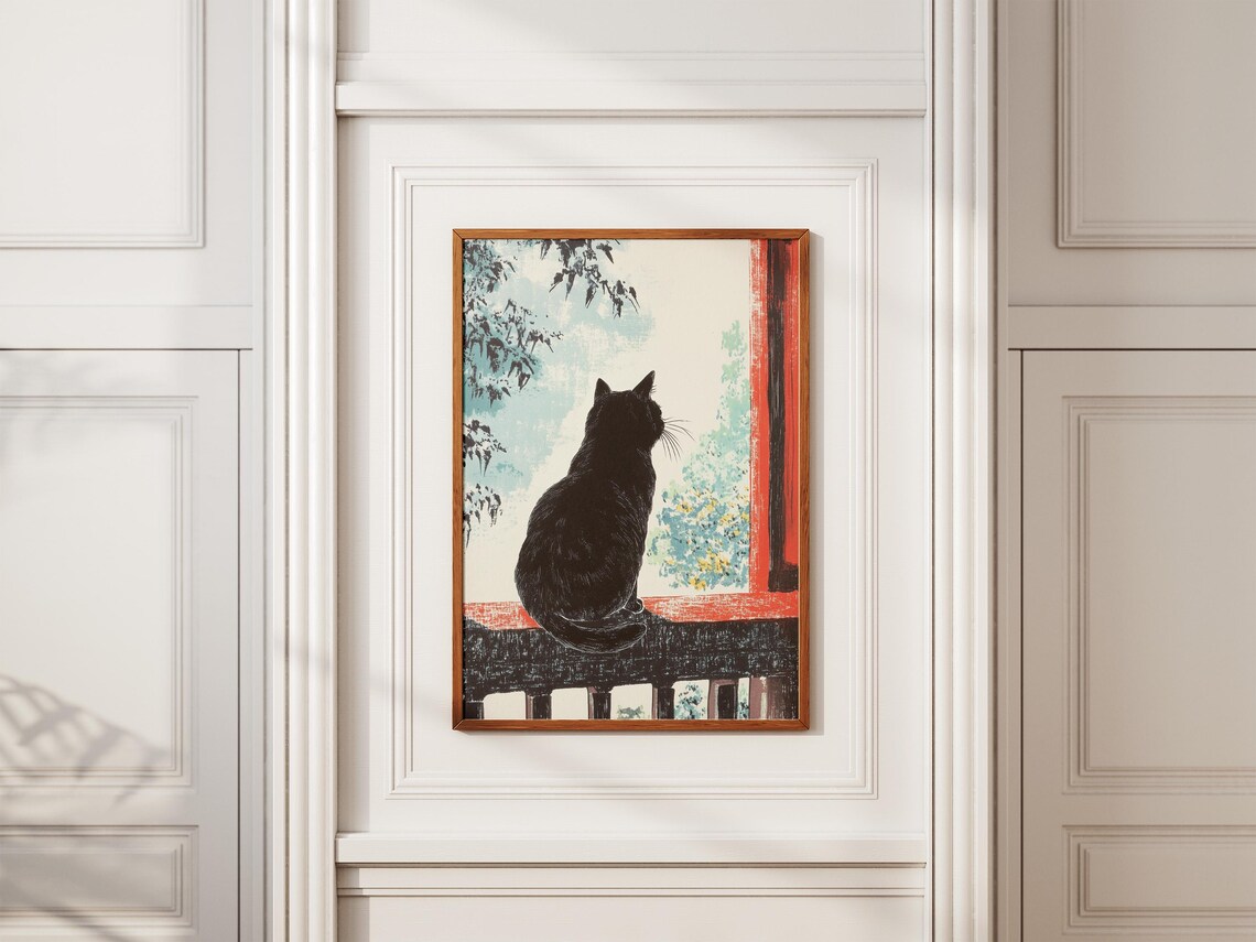 Black Cat Silhouette Gazing Out Window Japanese Woodcut Art Poster - Image 2