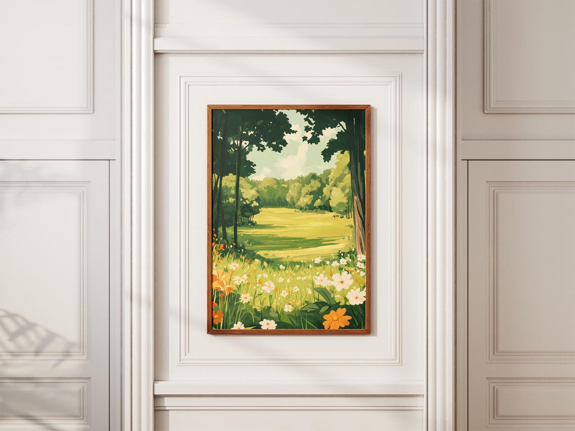 Summer Meadow Framed By Tall Trees Wildflower Bloom Nature Art Poster - Image 2