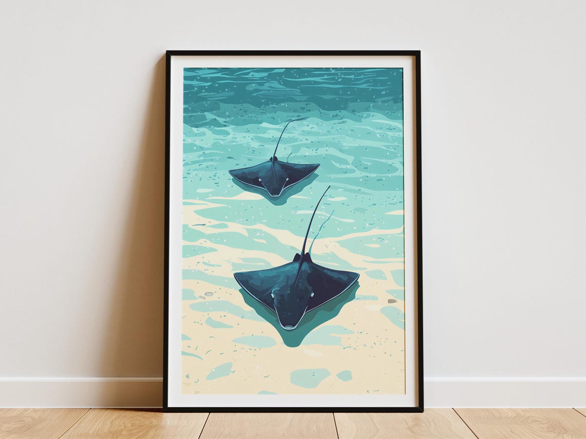 Two Stingrays Gliding Over Shallow Turquoise Water Ocean Poster